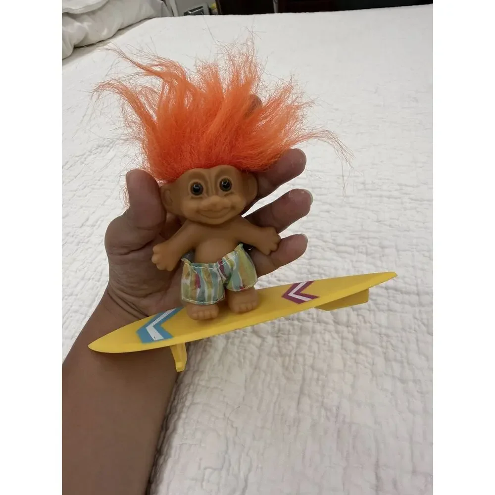 Vintage RUSS Lucky Troll Doll Surfer with Trunk and Surf Board Orange Hair